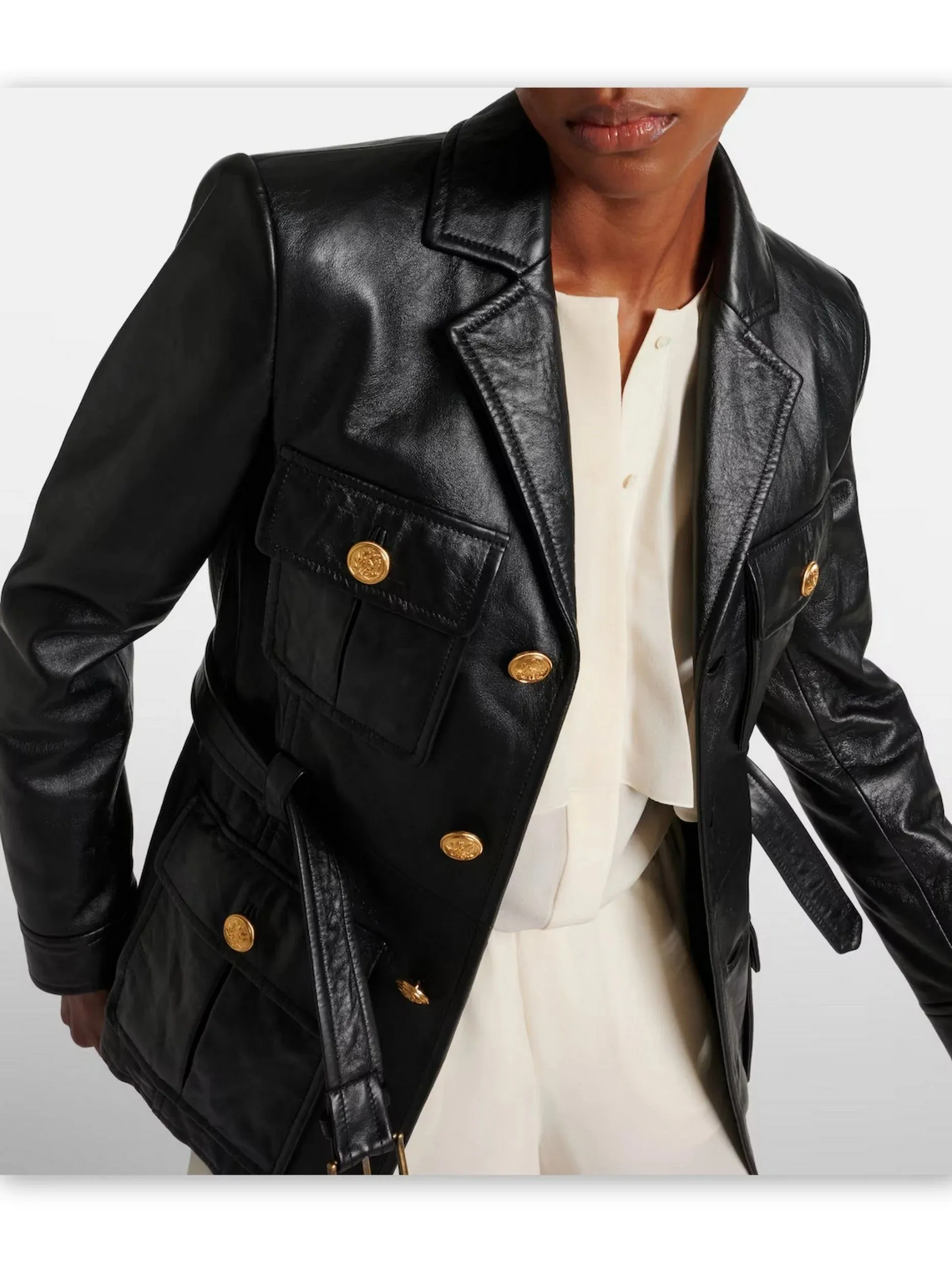 Belted Black Lambskin Leather Safari Jacket