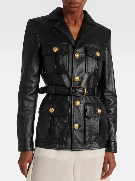 Belted Black Lambskin Leather Safari Jacket