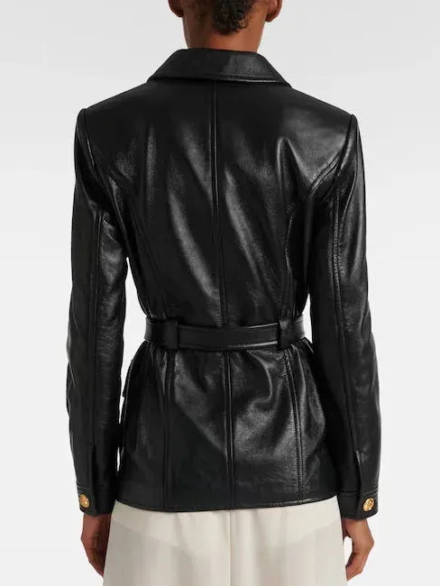 Belted Black Lambskin Leather Safari Jacket