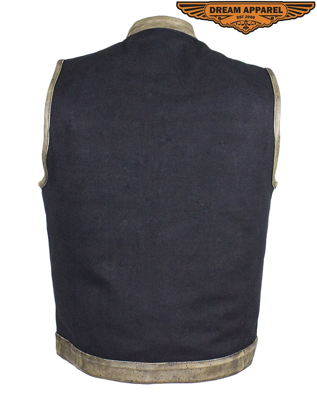 Black Canvas Motorcycle Vest with Distressed Brown Leather Trim