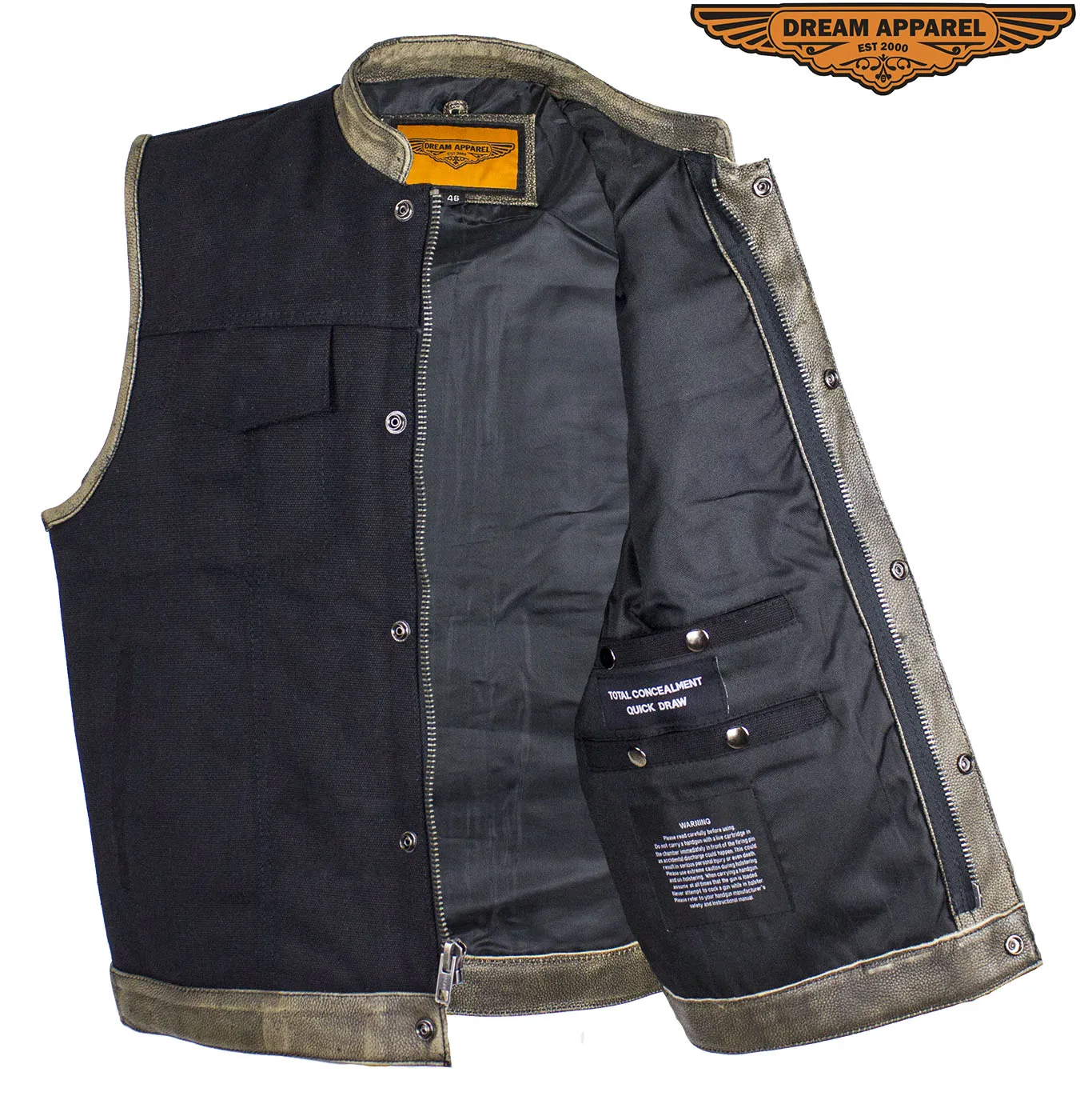 Black Canvas Motorcycle Vest with Distressed Brown Leather Trim