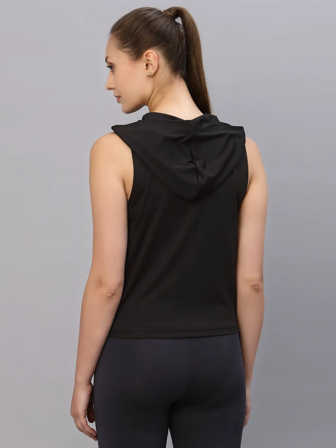 Black Hooded With Kangaroo Pocket Sleeveless Activewear Top