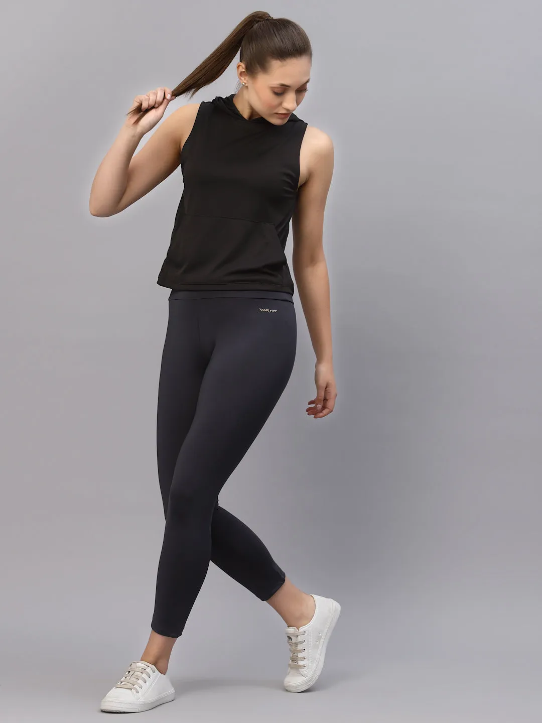 Black Hooded With Kangaroo Pocket Sleeveless Activewear Top