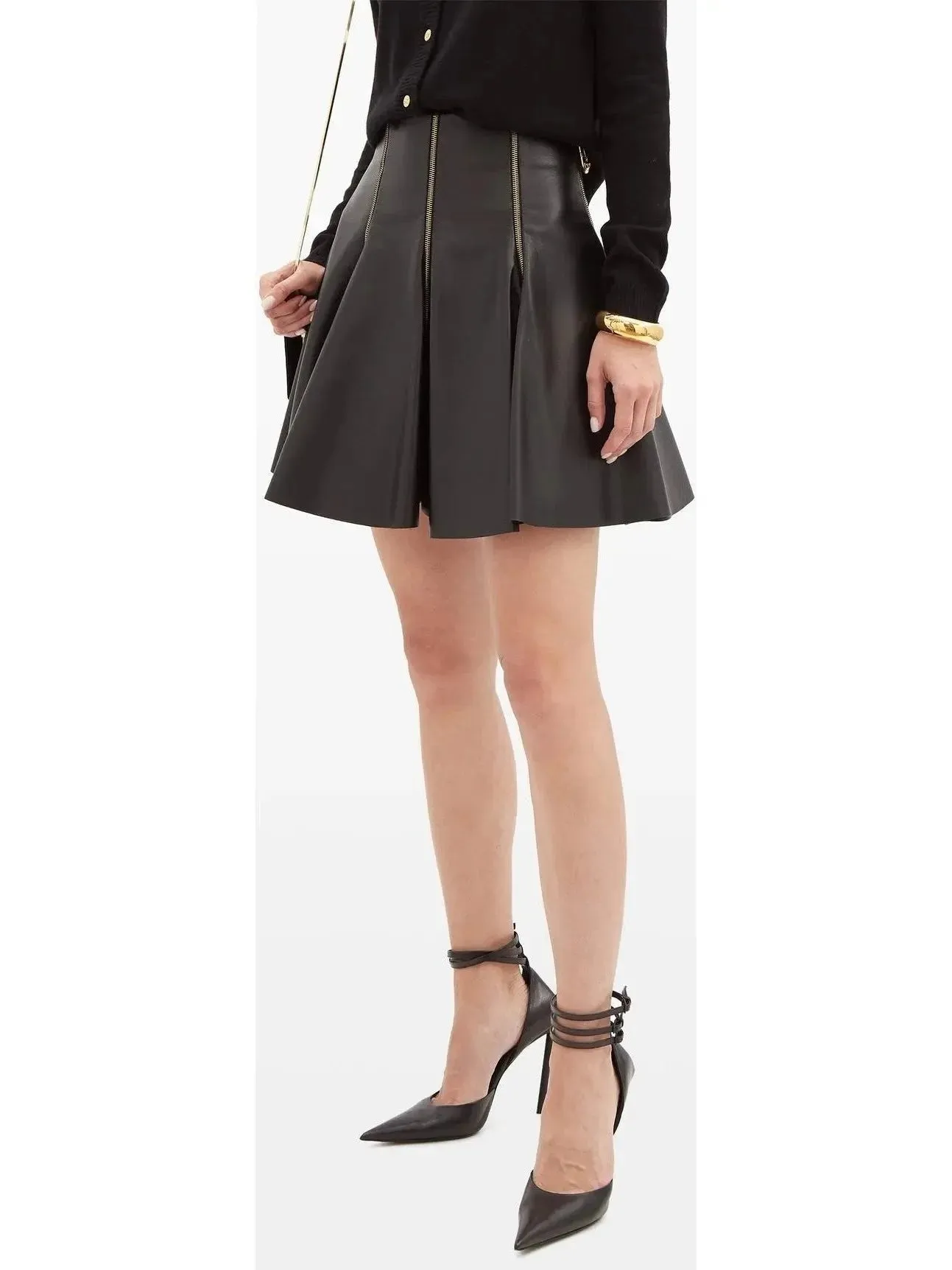 Black Zip-Embellished Pleated Leather Mini Skirt