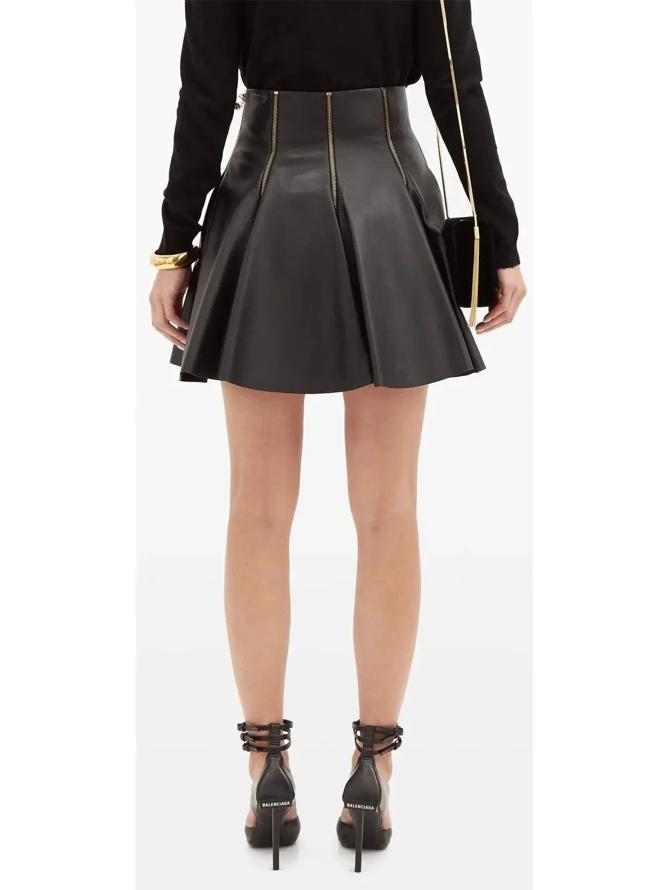 Black Zip-Embellished Pleated Leather Mini Skirt