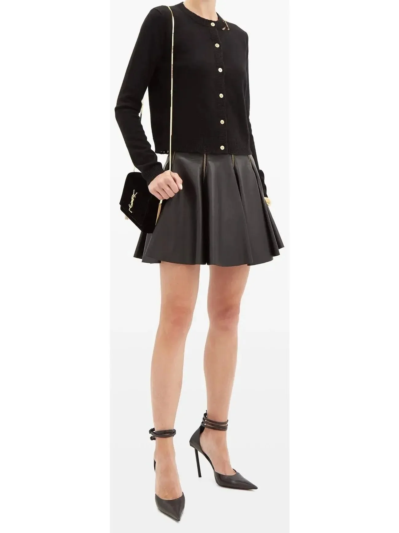 Black Zip-Embellished Pleated Leather Mini Skirt