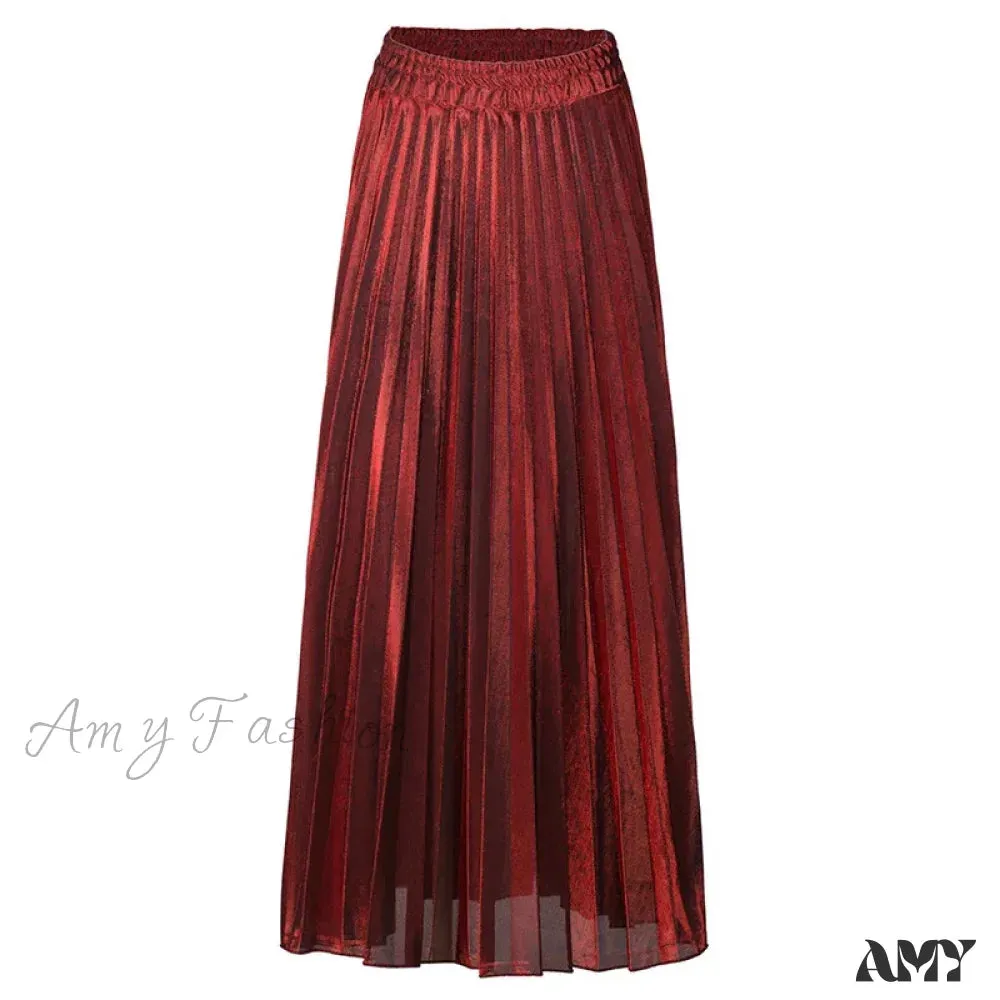 Check Pleated Maxi High Waist Large Swing Gold Long Skirt