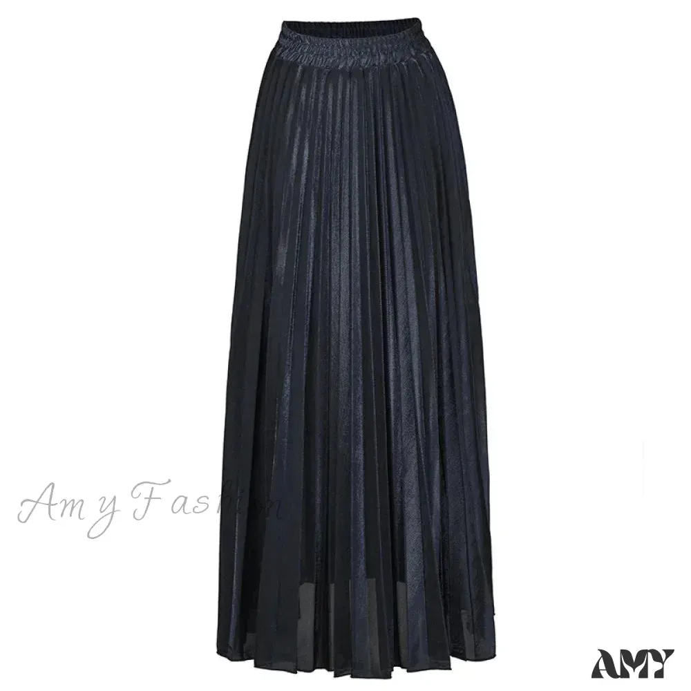 Check Pleated Maxi High Waist Large Swing Gold Long Skirt