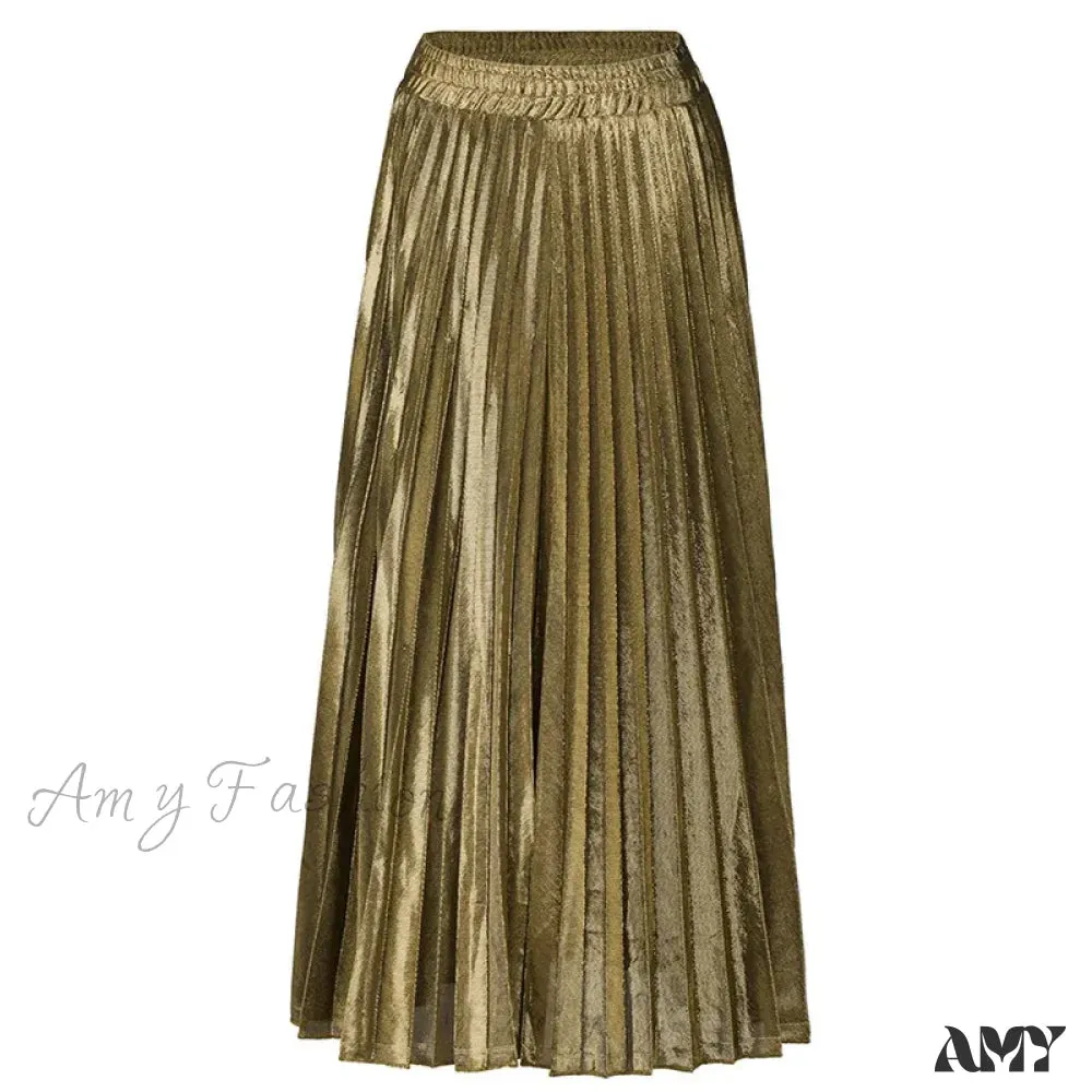 Check Pleated Maxi High Waist Large Swing Gold Long Skirt