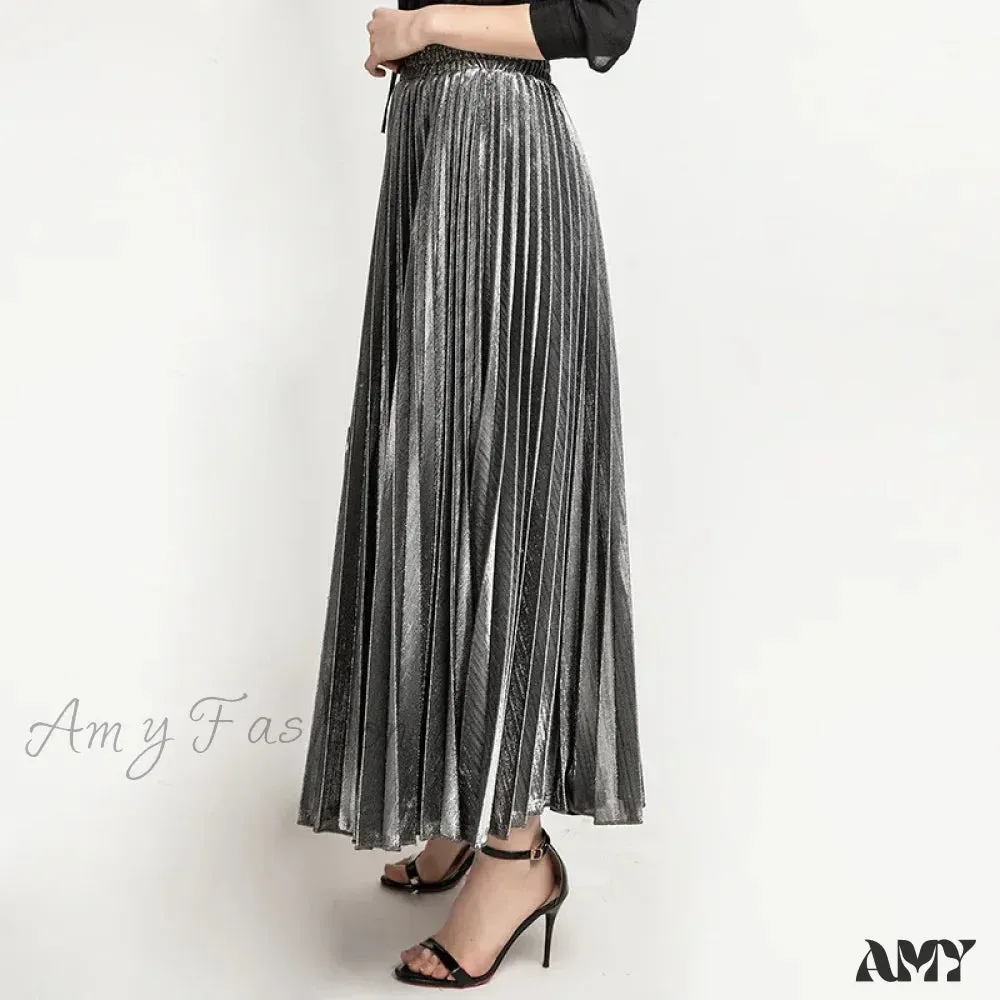 Check Pleated Maxi High Waist Large Swing Gold Long Skirt