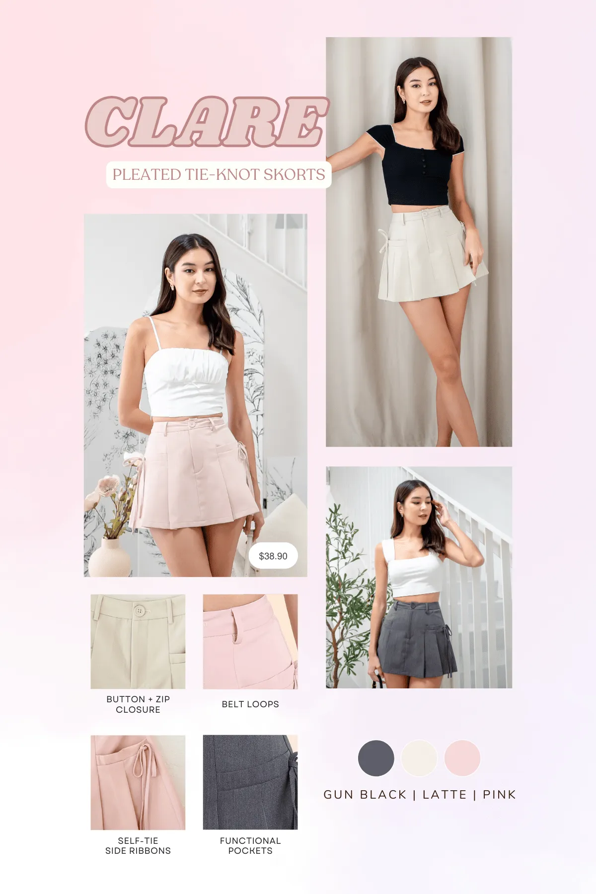 CLARE PLEATED TIE-KNOT SKORTS IN LATTE