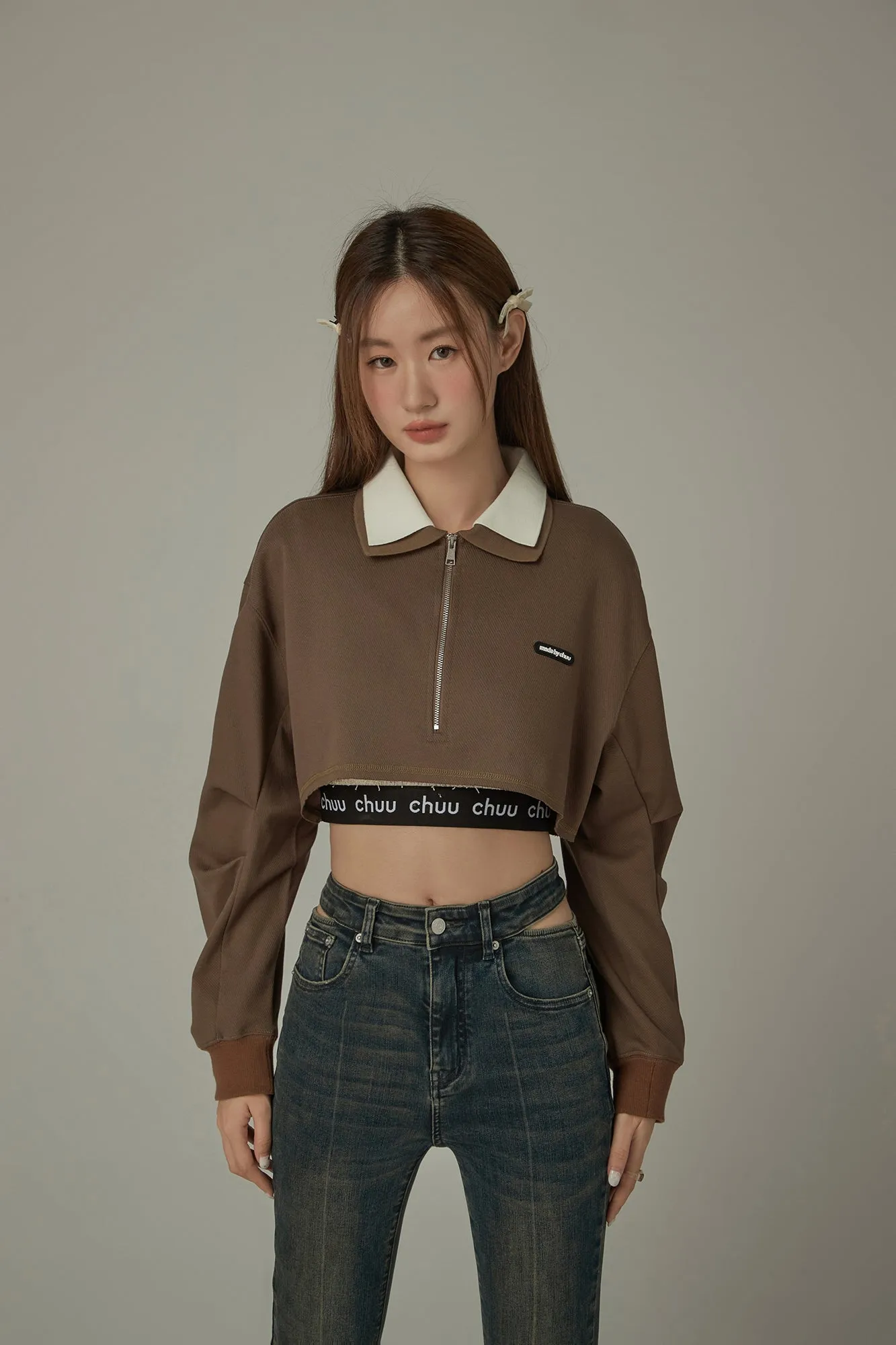 Color Matching Collar Crop Sweatshirt