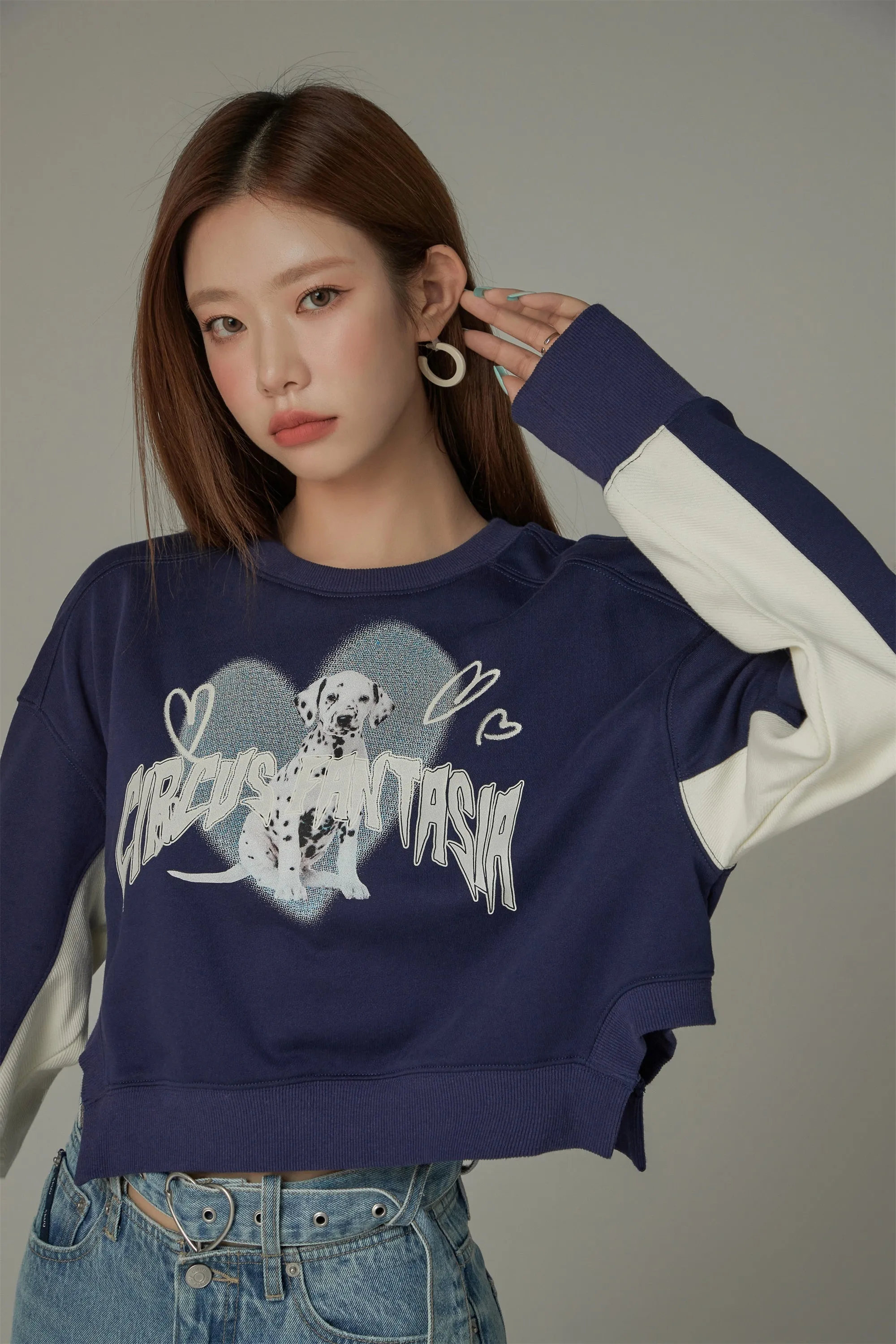 Dalmatian Dog Circus Lettering Semi Crop Sweatshirt