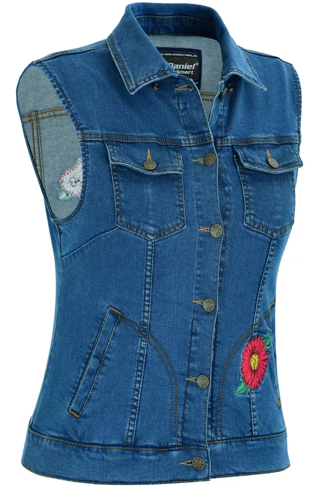 DM944 Women's Blue Denim Snap Front Vest with Red Daisy