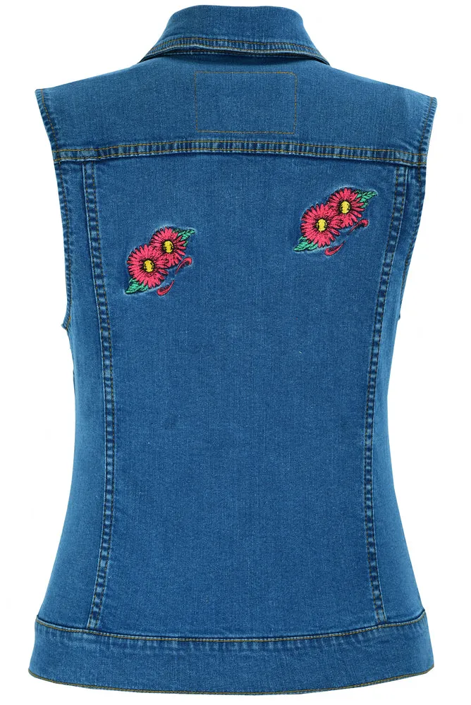 DM944 Women's Blue Denim Snap Front Vest with Red Daisy