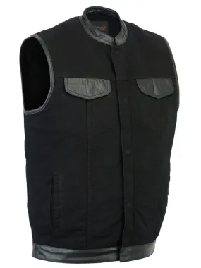 DM992 Men's Black Denim Single Panel Concealment Vest W/ Leather Trim