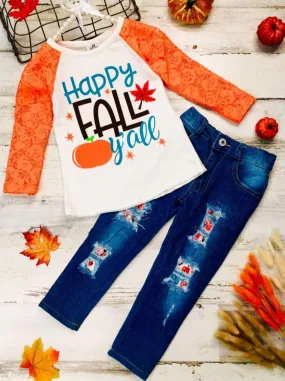 Girls Long Raglan Lace Sleeve "Happy Fall Y'all" Top And Ripped Jeans Set