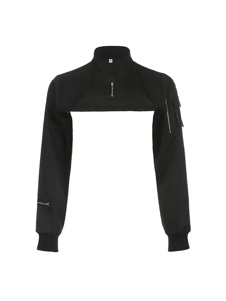 LANFUBEISI Zip Up Stand Collar Long Sleeve Black Cropped Jackets Women Pocket Safari Style Streetwear