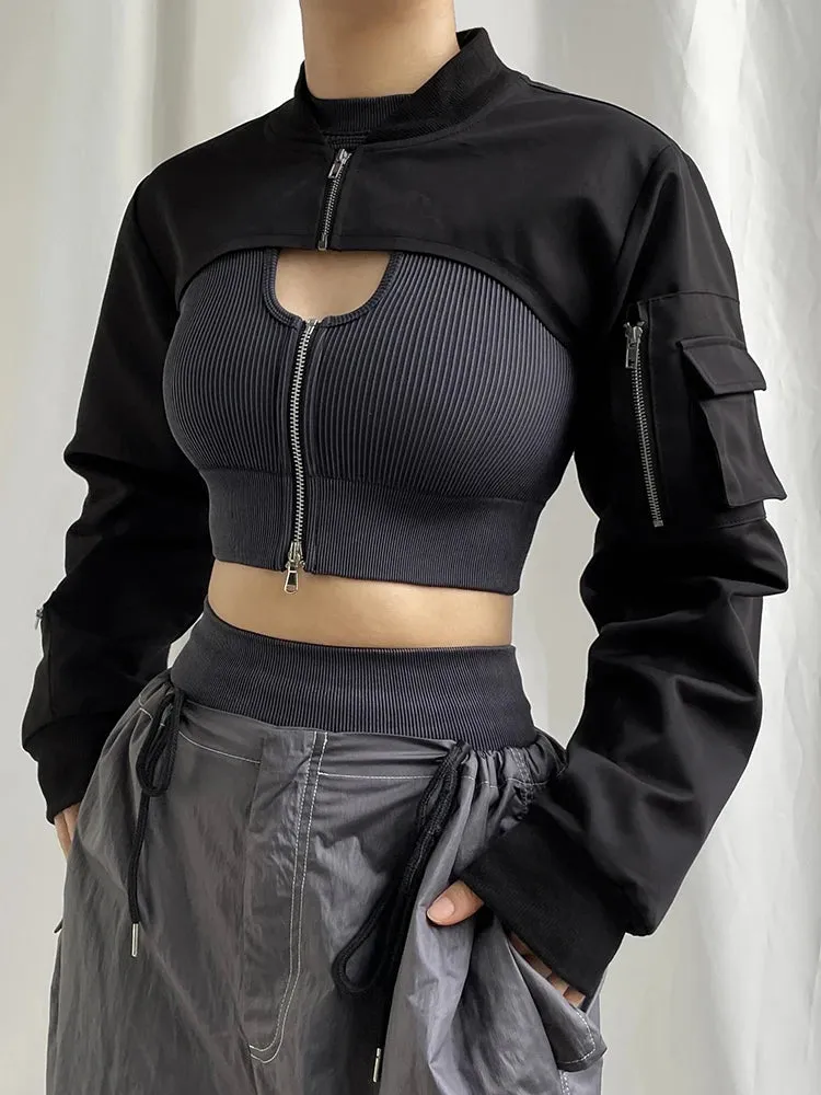 LANFUBEISI Zip Up Stand Collar Long Sleeve Black Cropped Jackets Women Pocket Safari Style Streetwear