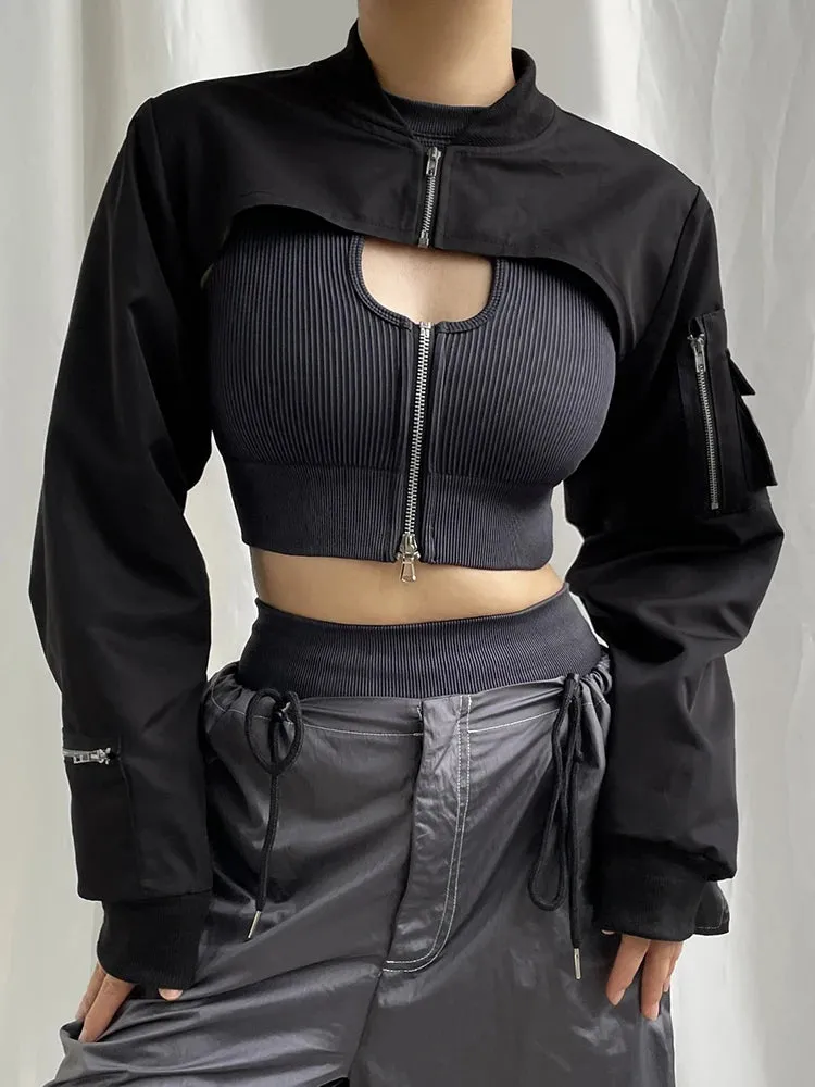 LANFUBEISI Zip Up Stand Collar Long Sleeve Black Cropped Jackets Women Pocket Safari Style Streetwear