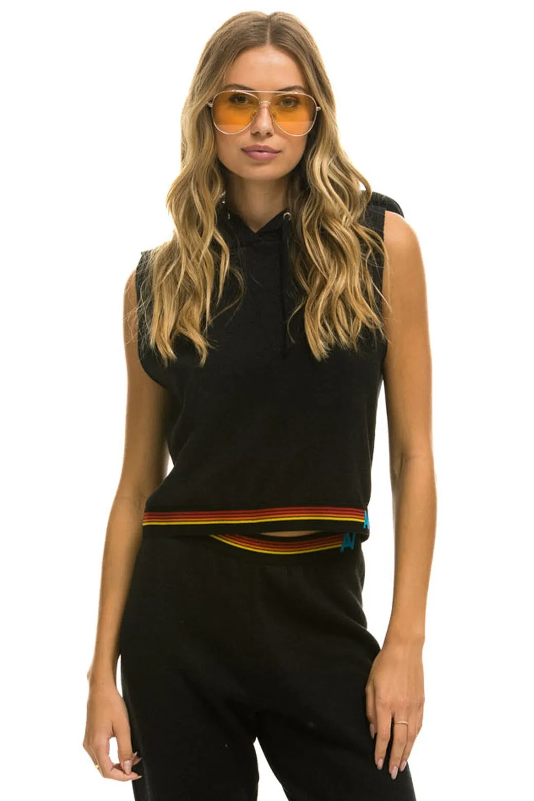 LOGO STRIPE SLEEVELESS CROP PULLOVER HOODIE - BLACK