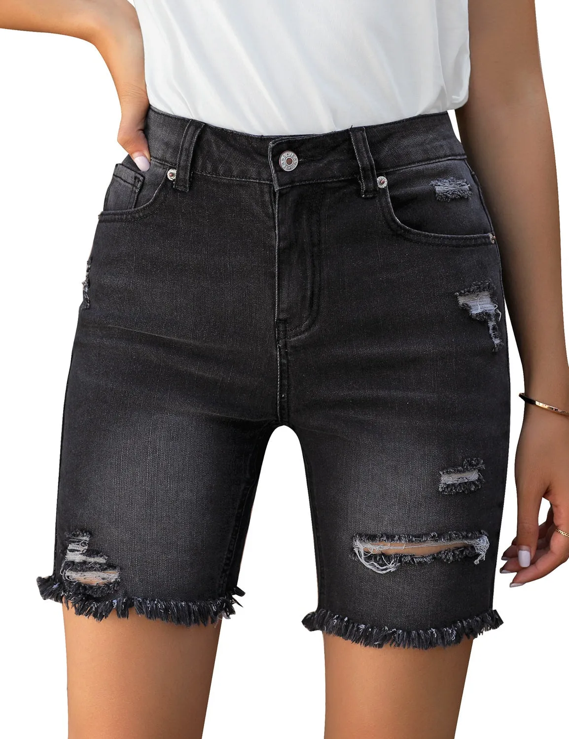 luvamia Women's High Waist Bermuda Shorts Ripped Distressed Stretch Denim Shorts