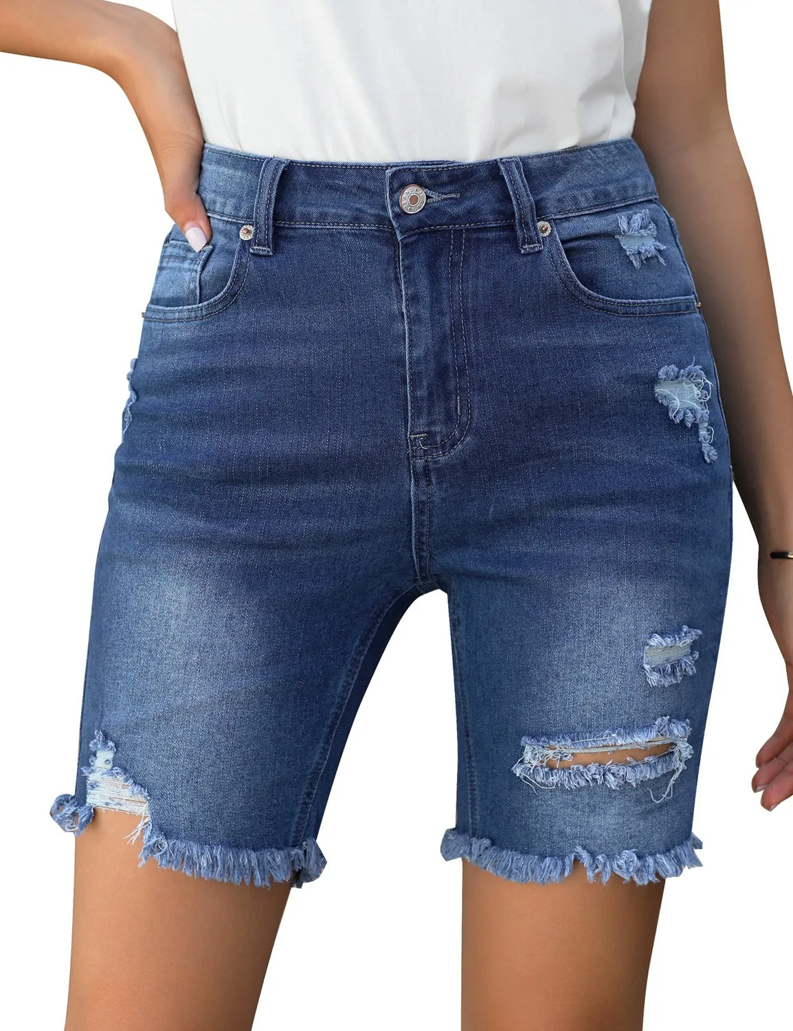 luvamia Women's High Waist Bermuda Shorts Ripped Distressed Stretch Denim Shorts