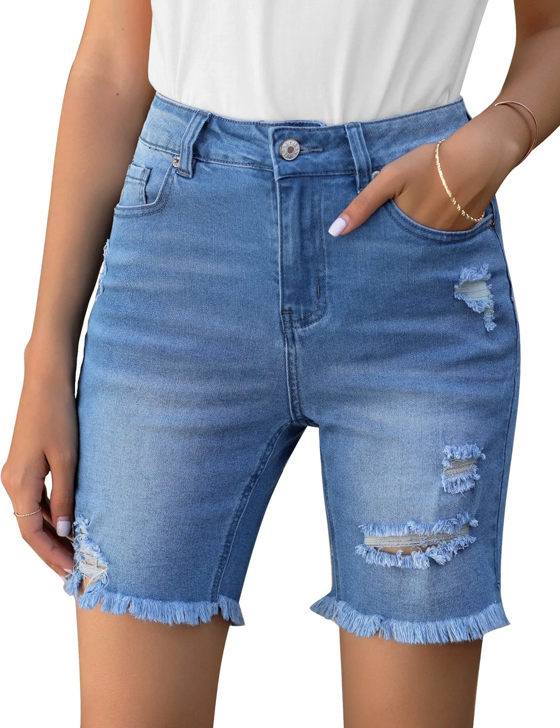 luvamia Women's High Waist Bermuda Shorts Ripped Distressed Stretch Denim Shorts