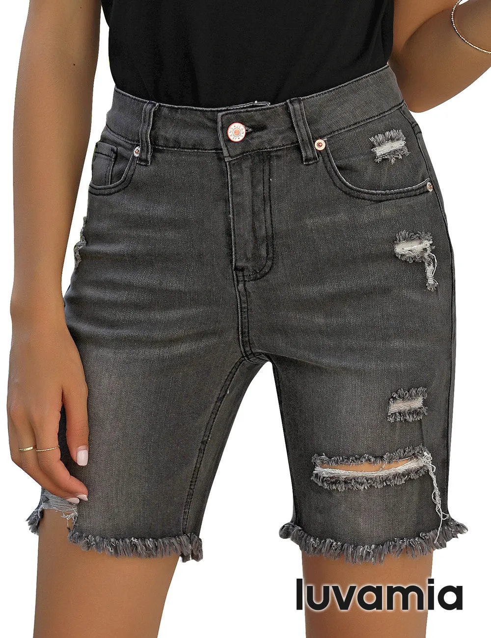 luvamia Women's High Waist Bermuda Shorts Ripped Distressed Stretch Denim Shorts