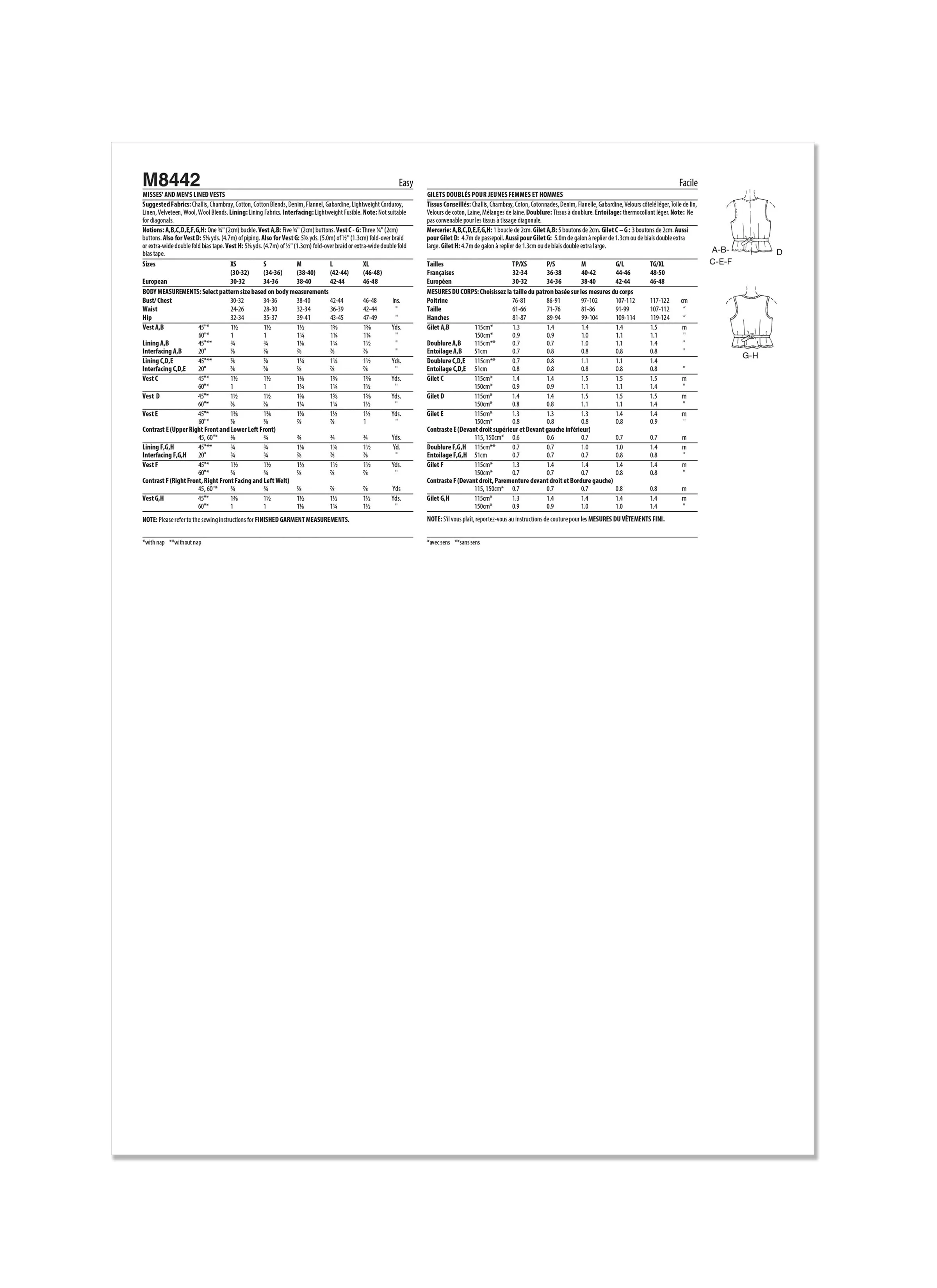 McCall's sewing pattern M8442 Misses' and Men's Lined Vests