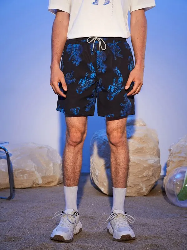 Men Astronaut Print Drawstring Waist Shorts