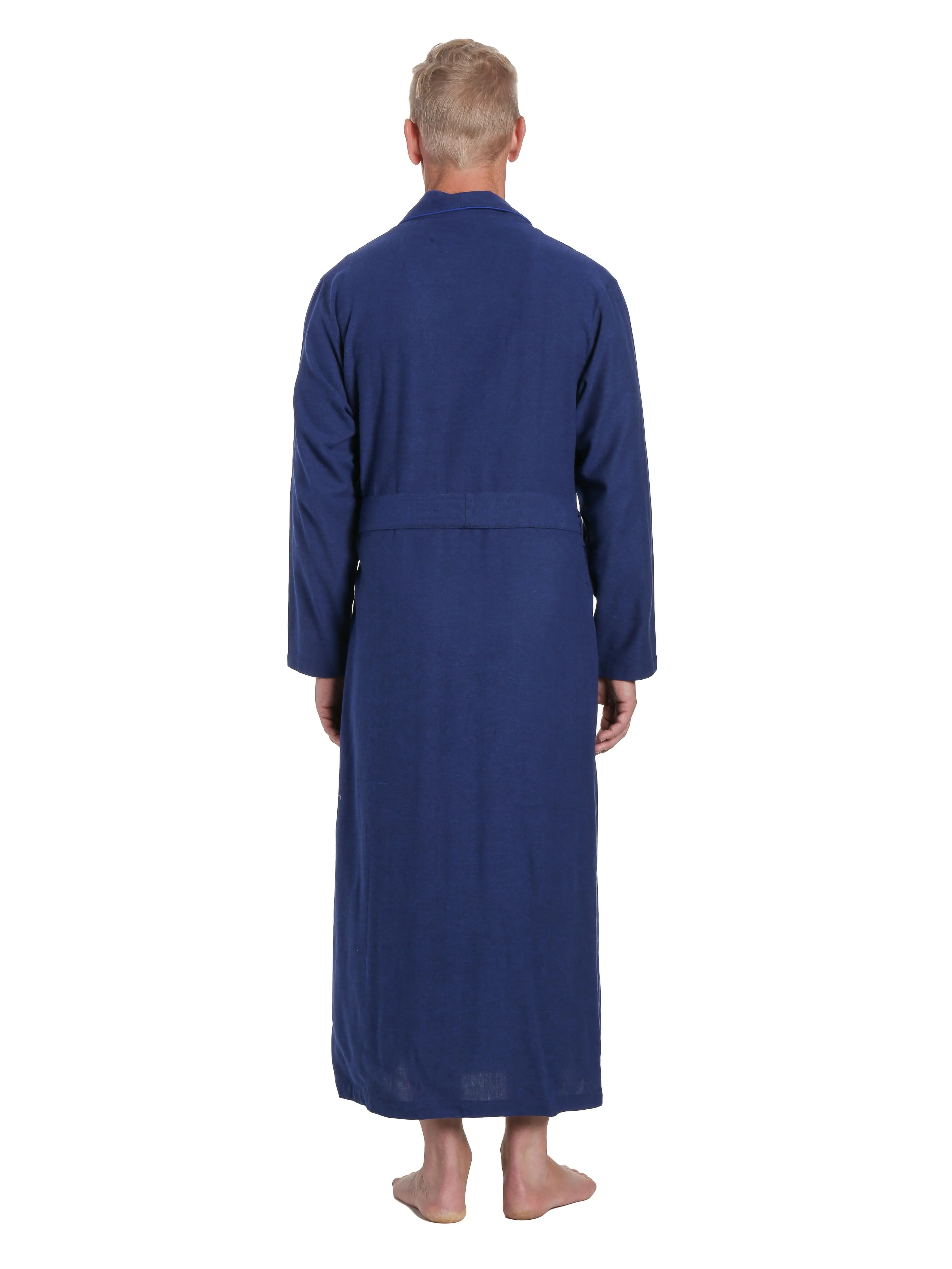 Men's 100% Cotton Flannel Long Robe - Herringbone Navy