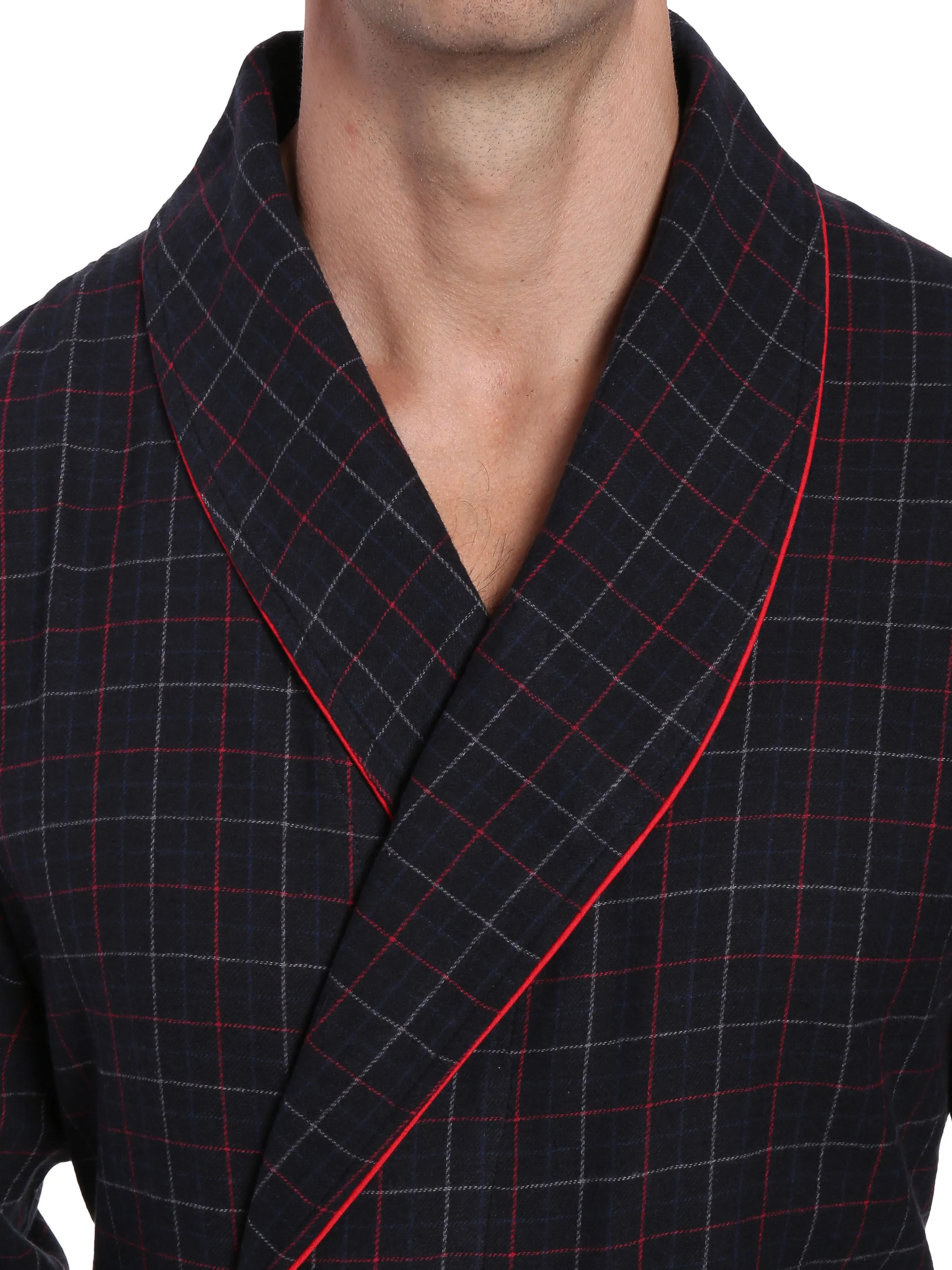 Men's 100% Cotton Flannel Long Robe - Plaid Black-Multi