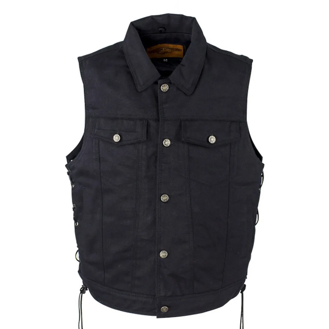 Mens Black Denim Motorcycle Vest Fold Down Collar Side Laces