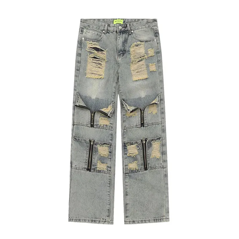 Men's High Streetwear Ripped Deconstructed Zipper Jeans