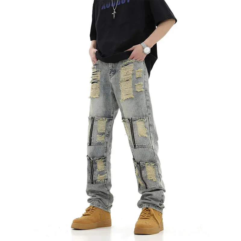 Men's High Streetwear Ripped Deconstructed Zipper Jeans