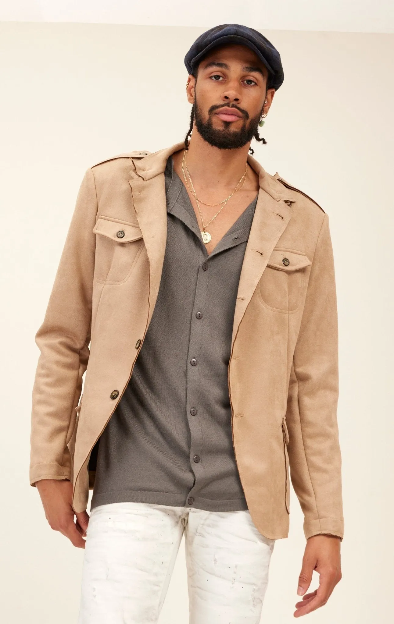 Microsuede Lightweight Safari Jacket - Stone