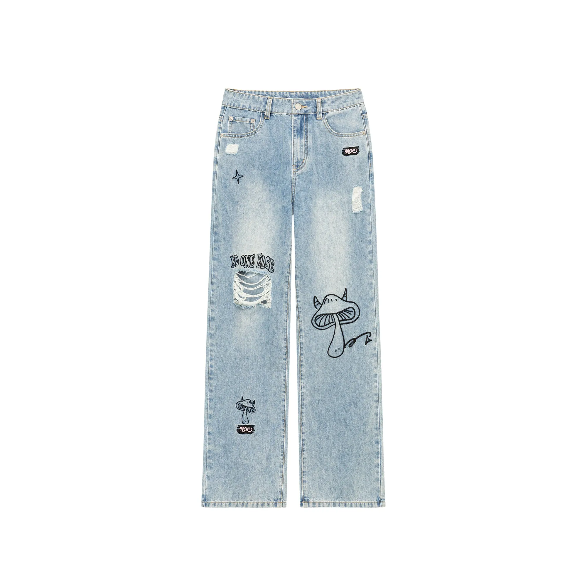 Mushroom Design Ripped Wide Denim Jeans