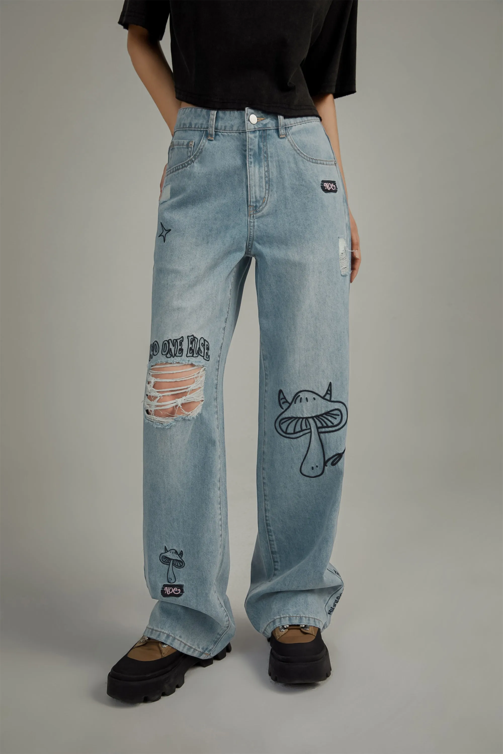 Mushroom Design Ripped Wide Denim Jeans