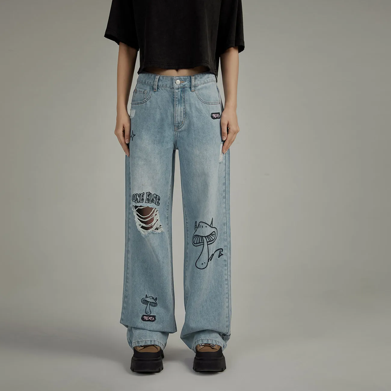 Mushroom Design Ripped Wide Denim Jeans