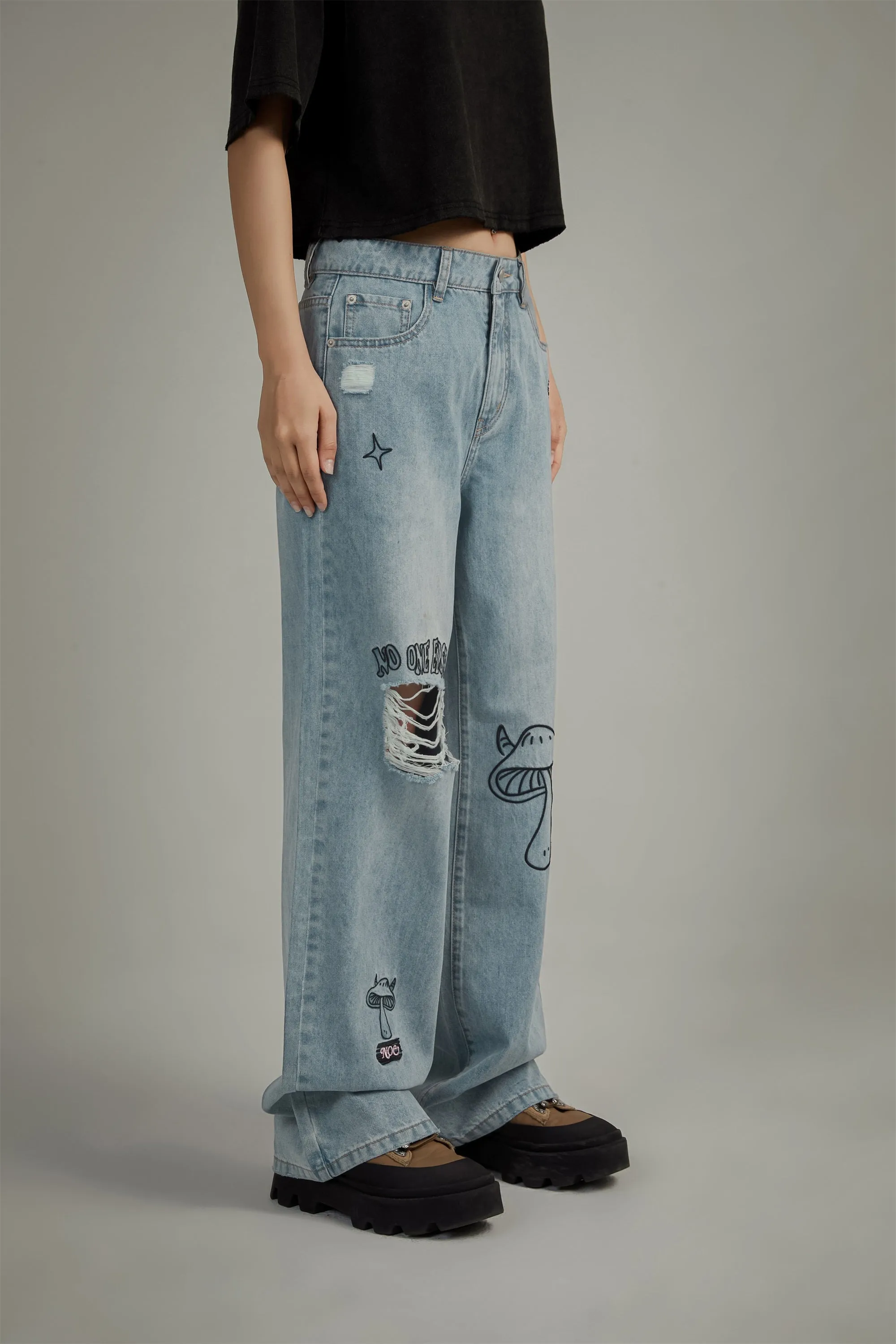 Mushroom Design Ripped Wide Denim Jeans