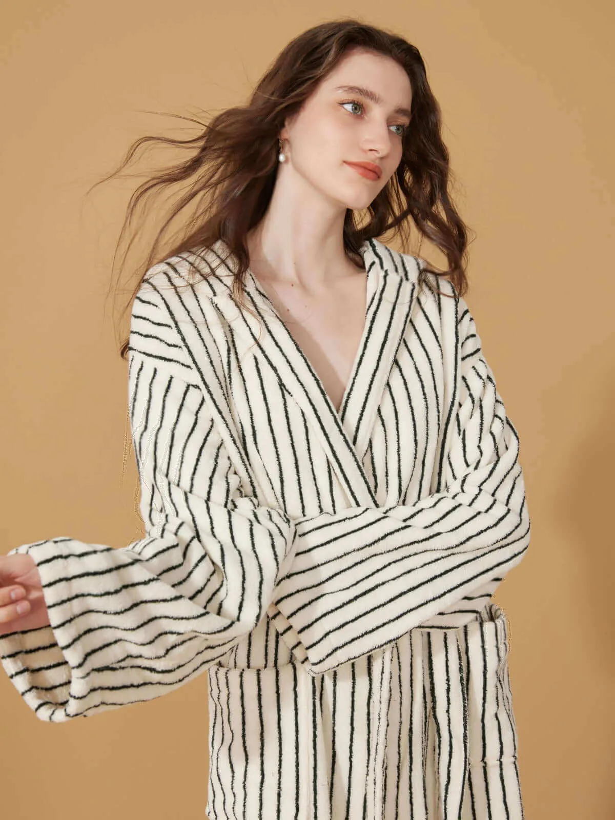 Organic Cotton Striped Bathrobe White