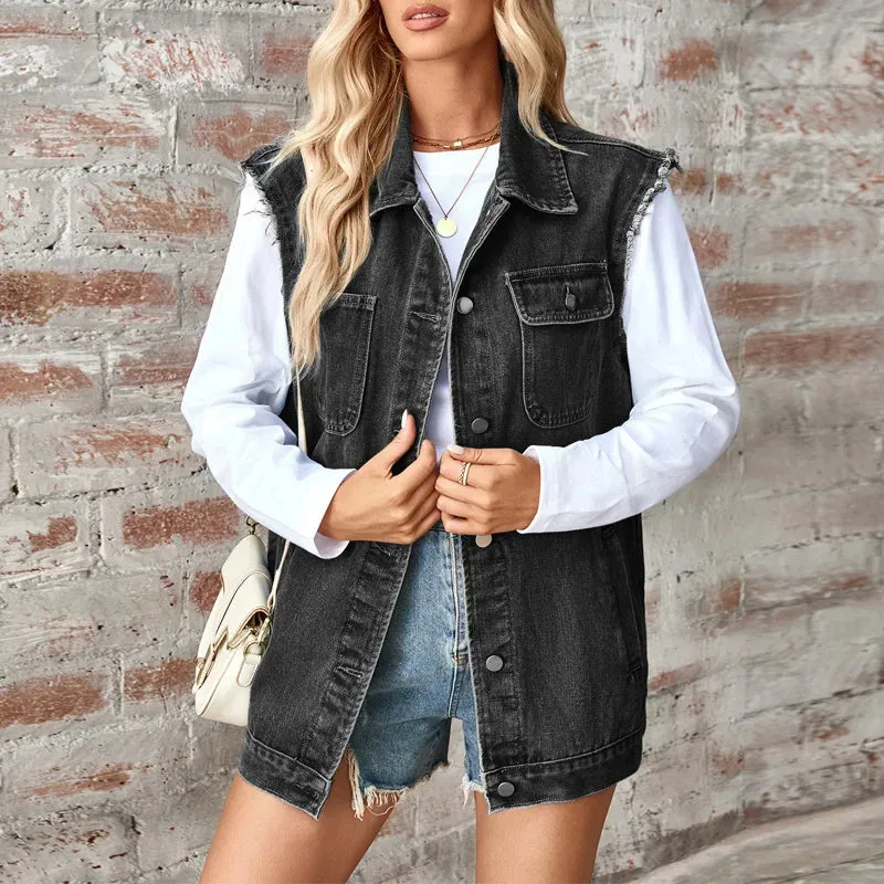 Oversized Classic Denim Vest – Biker Look Design