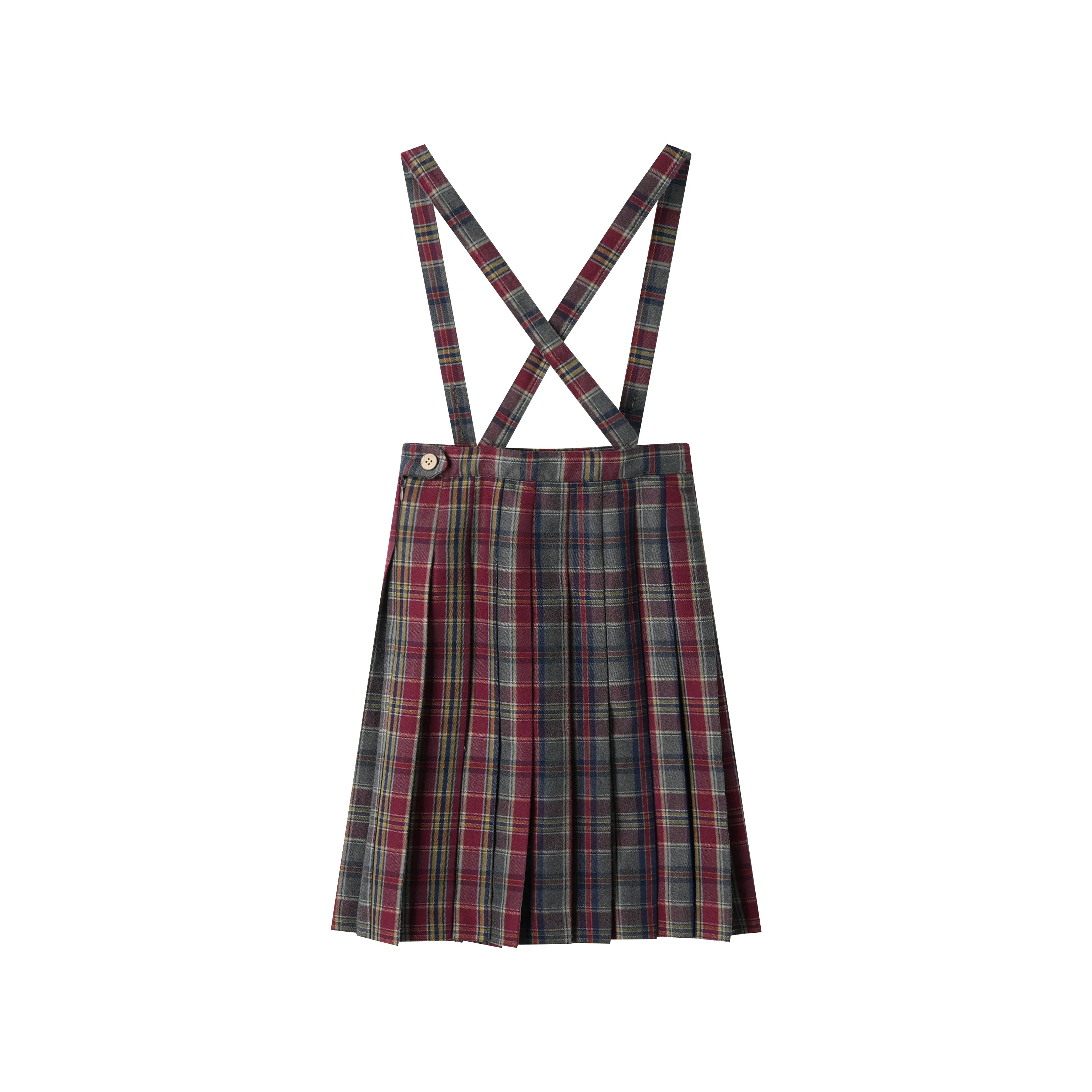 PLAID PLEATED SUSPENDER SKIRT-BURGUNDY PLAID