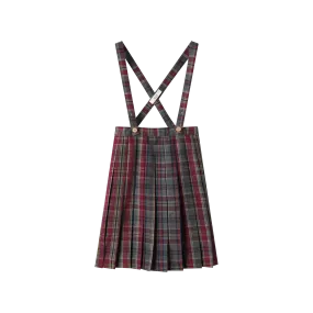 PLAID PLEATED SUSPENDER SKIRT-BURGUNDY PLAID