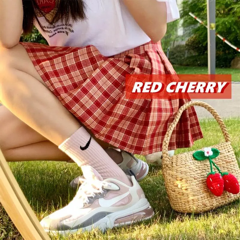 [Plus size] Chic girl red cherry plaid A-line pleated skirt