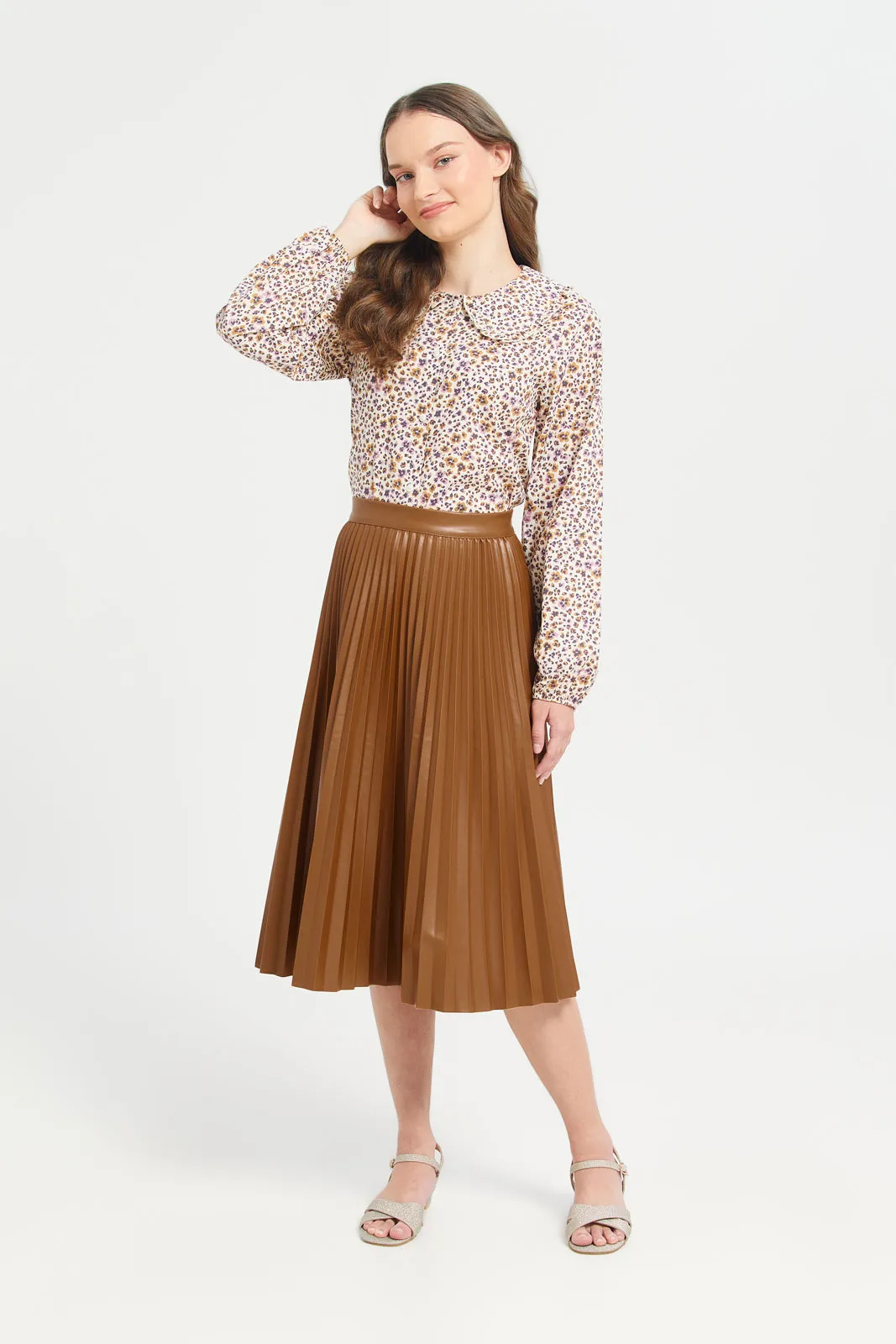 Pu Brown Pleated Skirts