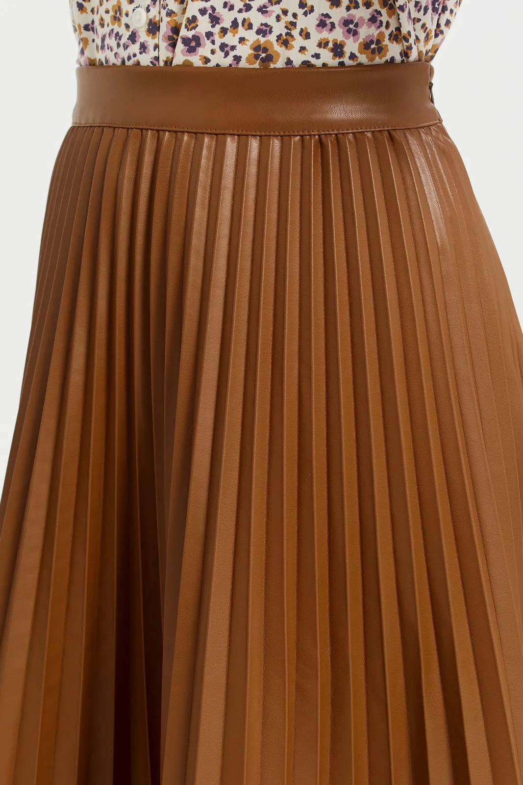 Pu Brown Pleated Skirts