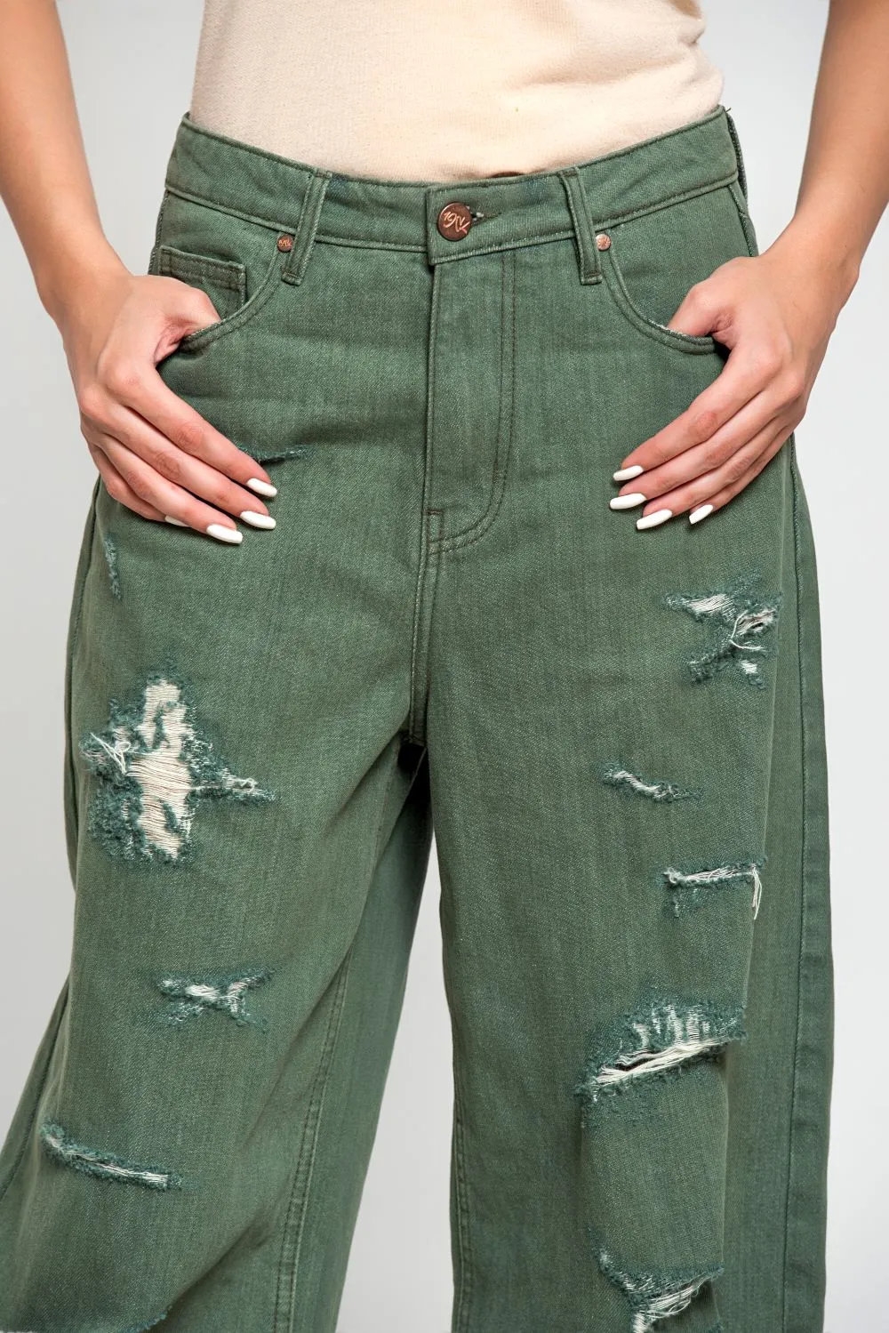 Ripped & Repair Olive Jeans –For Her