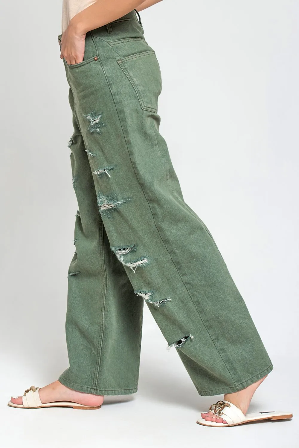 Ripped & Repair Olive Jeans –For Her